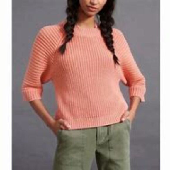 Anthropologie Maeve Mackenzie Cotton 3/4 Sleeve Pink Peach Sweater Size XS - Picture 1 of 8